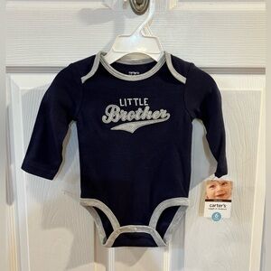 CARTER'S Boys LITTLE BROTHER Embroidered Long Sleeve Navy Bodysuit …NWT
